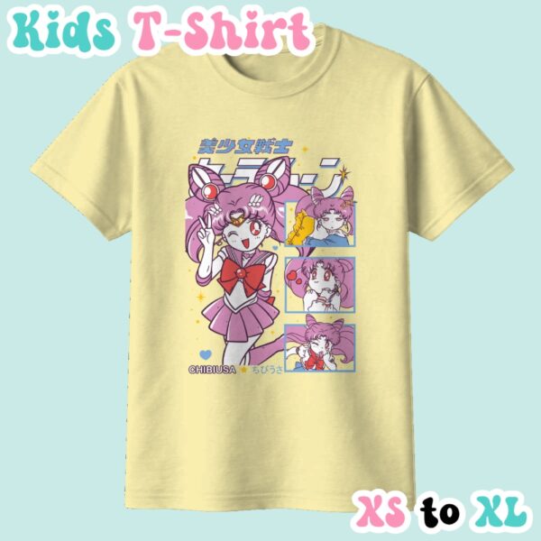 Chibiusa kids t-shirt featuring Sailor Chibi Moon anime print with retro magazine style layout