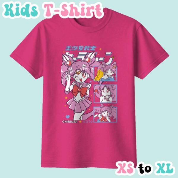 Chibiusa kids t-shirt featuring Sailor Chibi Moon anime print with retro magazine style layout