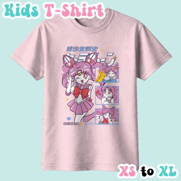 Chibiusa kids t-shirt featuring Sailor Chibi Moon anime print with retro magazine style layout