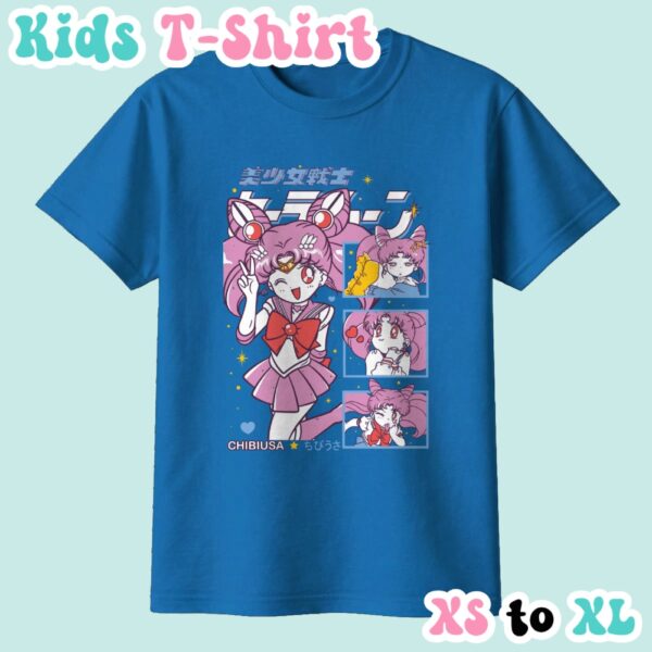 Chibiusa kids t-shirt featuring Sailor Chibi Moon anime print with retro magazine style layout