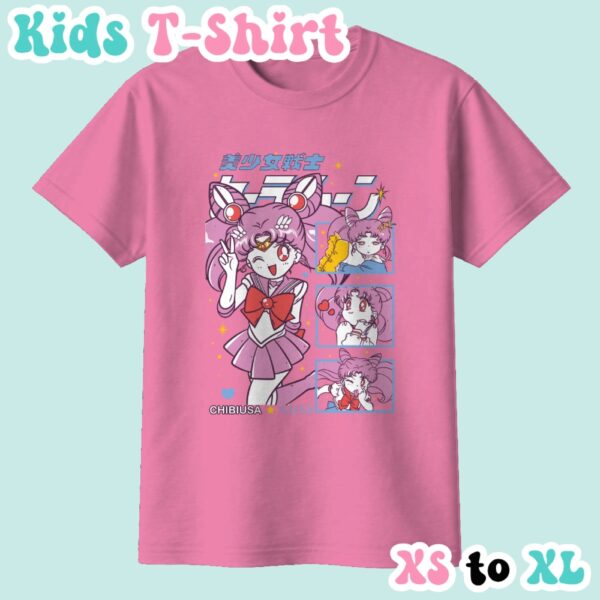 Chibiusa kids t-shirt featuring Sailor Chibi Moon anime print with retro magazine style layout