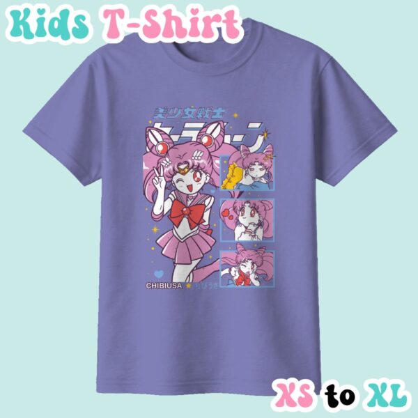 Chibiusa kids t-shirt featuring Sailor Chibi Moon anime print with retro magazine style layout