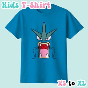 Gyarados kids t-shirt in sapphire blue featuring the Pokemon's roaring face design