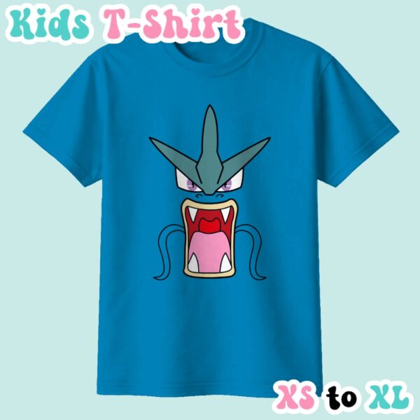 Gyarados kids t-shirt in sapphire blue featuring the Pokemon's roaring face design