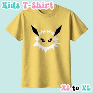 Jolteon kids t-shirt in daisy yellow featuring the Pokemon's spiky electric face design
