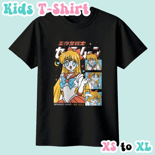 kids-mina-black Sailor Venus kids t-shirt anime print with retro magazine style layout