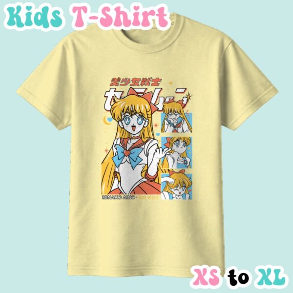 kids-mina-cornsilk Sailor Venus kids t-shirt anime print with retro magazine style layout