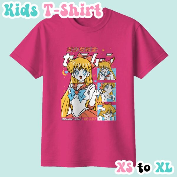 kids-mina-heliconia Sailor Venus kids t-shirt anime print with retro magazine style layout