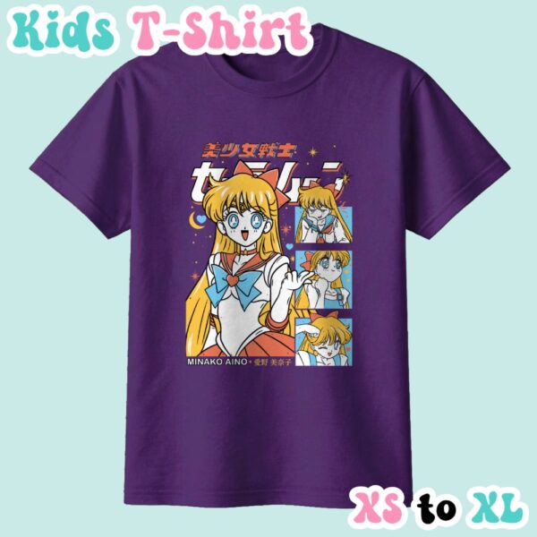 kids-mina-purple Sailor Venus kids t-shirt anime print with retro magazine style layout