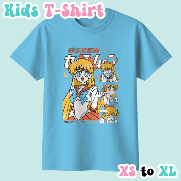 kids-mina-sky Sailor Venus kids t-shirt anime print with retro magazine style layout