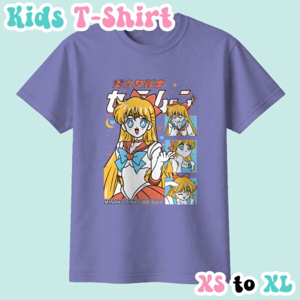 kids-mina-violet Sailor Venus kids t-shirt anime print with retro magazine style layout