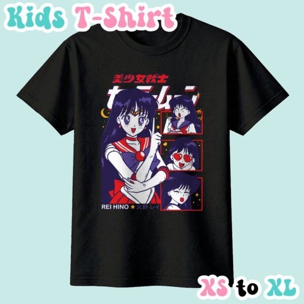 Sailor Mars kids t-shirt anime print with retro magazine style layout