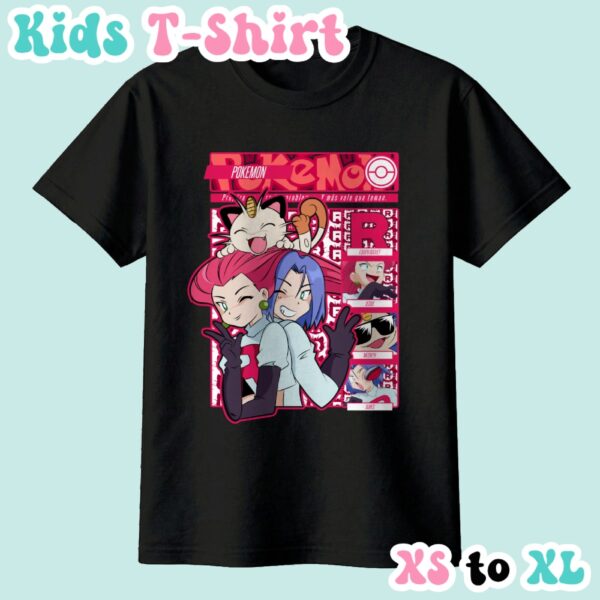 kids-teamrocket-blk Team Rocket kids t-shirt in black featuring Jessie James and Meowth