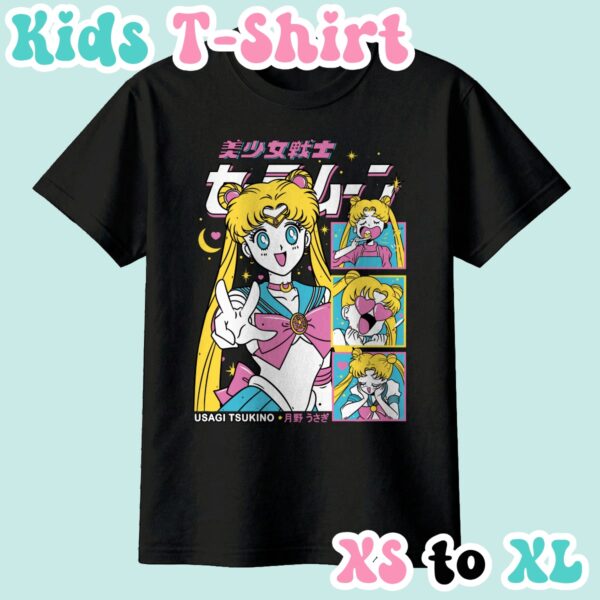 kids-usagi-blk Sailor Moon kids t-shirt in light pink featuring Usagi Tsukino anime print with retro magazine style layout