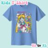 kids-usagi-carolinablue Sailor Moon kids t-shirt in carolina blue featuring Usagi Tsukino anime print with retro magazine style layout