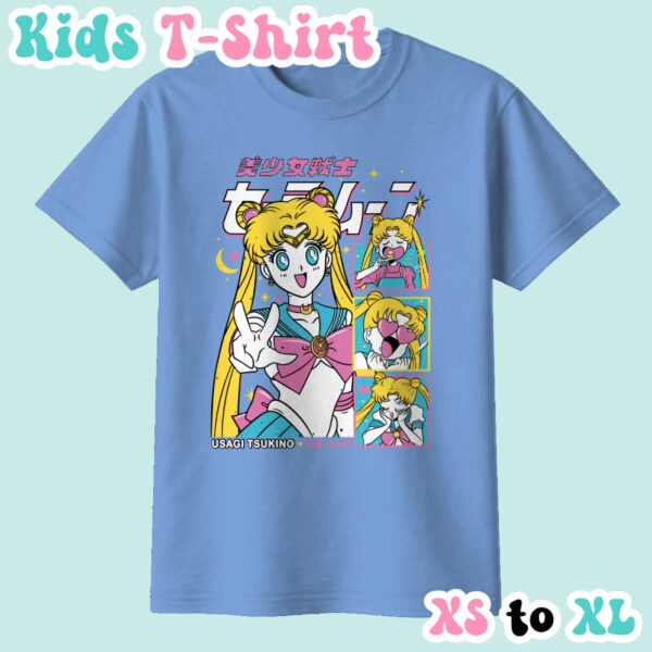 kids-usagi-carolinablue Sailor Moon kids t-shirt in carolina blue featuring Usagi Tsukino anime print with retro magazine style layout