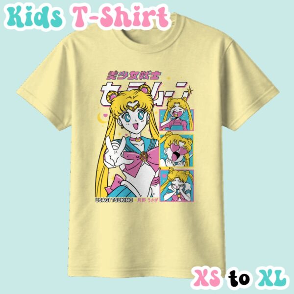 kids-usagi-cornsilk Sailor Moon kids t-shirt in yellow featuring Usagi Tsukino anime print with retro magazine style layout