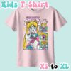 kids-usagi-lightpink Sailor Moon kids t-shirt in light pink featuring Usagi Tsukino anime print with retro magazine style layout