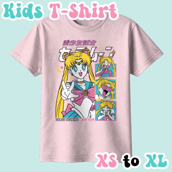 kids-usagi-lightpink Sailor Moon kids t-shirt in light pink featuring Usagi Tsukino anime print with retro magazine style layout