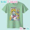 kids-usagi-mint Sailor Moon kids t-shirt in mint green featuring Usagi Tsukino anime print with retro magazine style layout