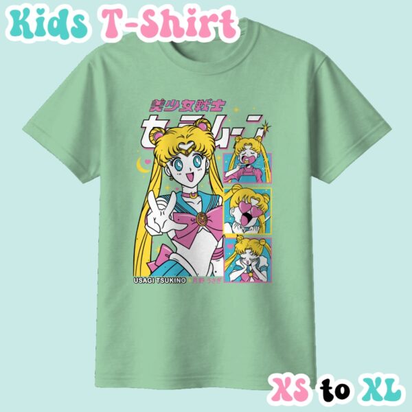 kids-usagi-mint Sailor Moon kids t-shirt in mint green featuring Usagi Tsukino anime print with retro magazine style layout