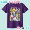 kids-usagi-purple Sailor Moon kids t-shirt in light pink featuring Usagi Tsukino anime print with retro magazine style layout