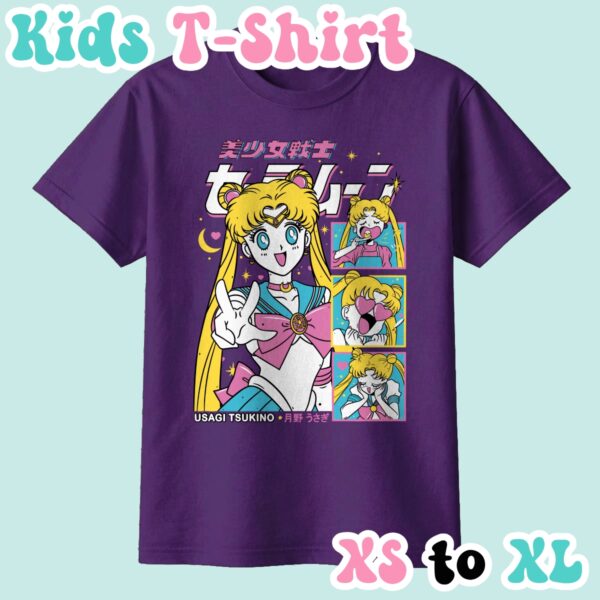 kids-usagi-purple Sailor Moon kids t-shirt in light pink featuring Usagi Tsukino anime print with retro magazine style layout