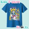 kids-usagi-royal Sailor Moon kids t-shirt in light pink featuring Usagi Tsukino anime print with retro magazine style layout