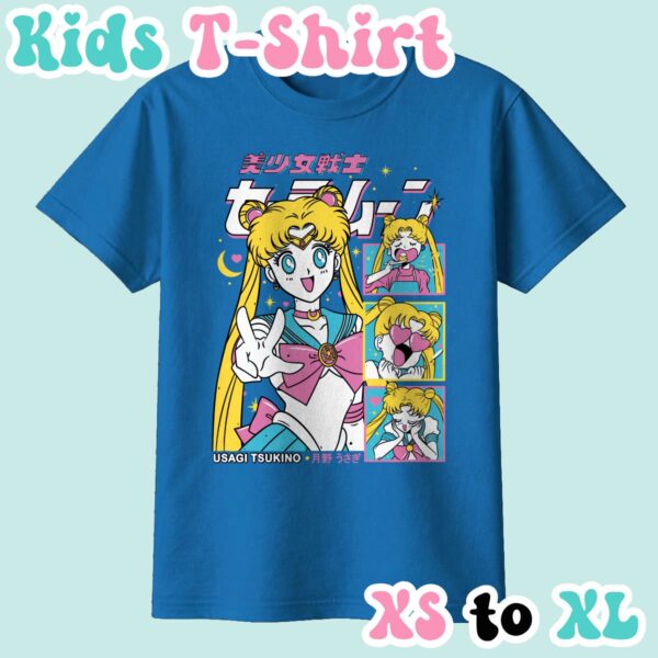 kids-usagi-royal Sailor Moon kids t-shirt in light pink featuring Usagi Tsukino anime print with retro magazine style layout