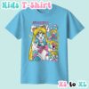 kids-usagi-sky Sailor Moon kids t-shirt in sky blue featuring Usagi Tsukino anime print with retro magazine style layout