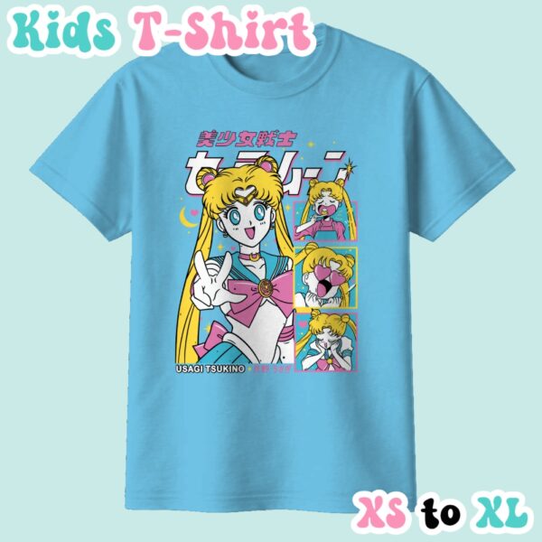 kids-usagi-sky Sailor Moon kids t-shirt in sky blue featuring Usagi Tsukino anime print with retro magazine style layout