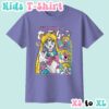 kids-usagi-violet Sailor Moon kids t-shirt in violet featuring Usagi Tsukino anime print with retro magazine style layout