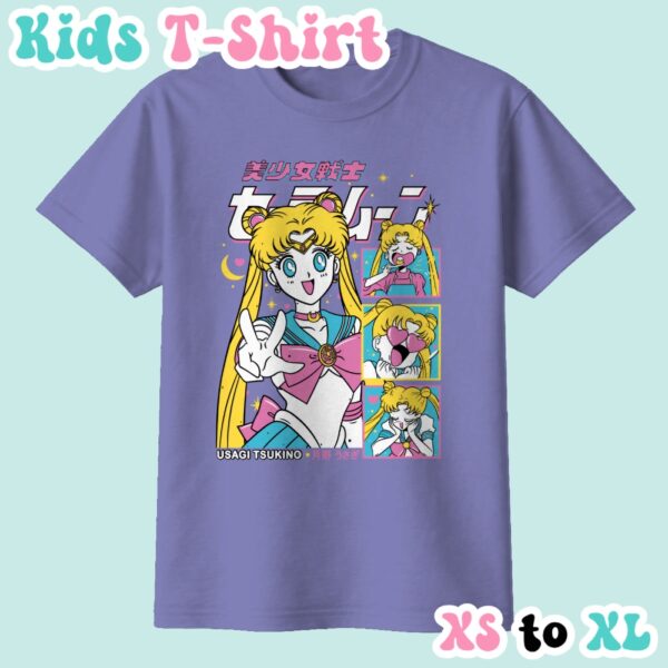 kids-usagi-violet Sailor Moon kids t-shirt in violet featuring Usagi Tsukino anime print with retro magazine style layout