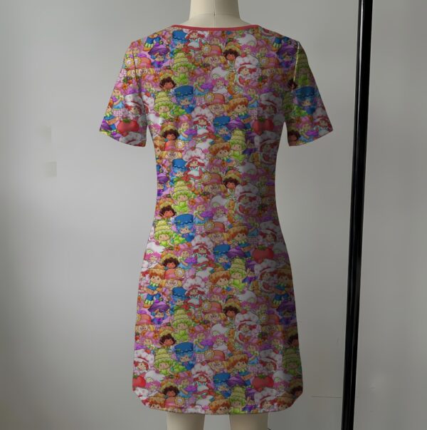 Strawberryshortcake-vneckshortsleeve-bk women's strawberry shortcake v-neck dress colorful all over print short sleeves pink trim sizes xs-8xl