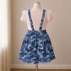 camoblue-overalls-dress-bk Navy blue camo skirt overalls dress with adjustable straps and midi length skirt, all-over camouflage print