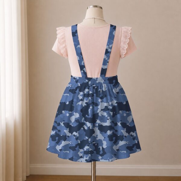 camoblue-overalls-dress-bk Navy blue camo skirt overalls dress with adjustable straps and midi length skirt, all-over camouflage print