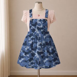camoblue-overalls-dress-fr Navy blue camo skirt overalls dress with adjustable straps and midi length skirt, all-over camouflage print