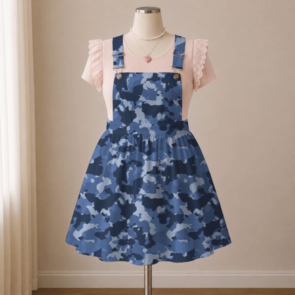 camoblue-overalls-dress-fr Navy blue camo skirt overalls dress with adjustable straps and midi length skirt, all-over camouflage print