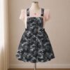 camogray-overalls-dress-fr Grey and black camo skirt overalls dress with adjustable straps and midi length skirt, all-over camouflage print