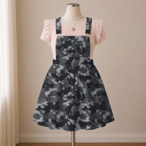 camogray-overalls-dress-fr Grey and black camo skirt overalls dress with adjustable straps and midi length skirt, all-over camouflage print