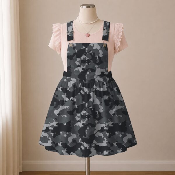 camogray-overalls-dress-fr Grey and black camo skirt overalls dress with adjustable straps and midi length skirt, all-over camouflage print