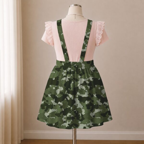 Olive green camo skirt overalls dress with adjustable straps and midi length skirt, all-over camouflage print