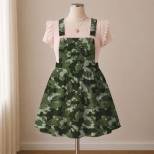 camogreen-overalls-dress-fr Olive green camo skirt overalls dress with adjustable straps and midi length skirt, all-over camouflage print