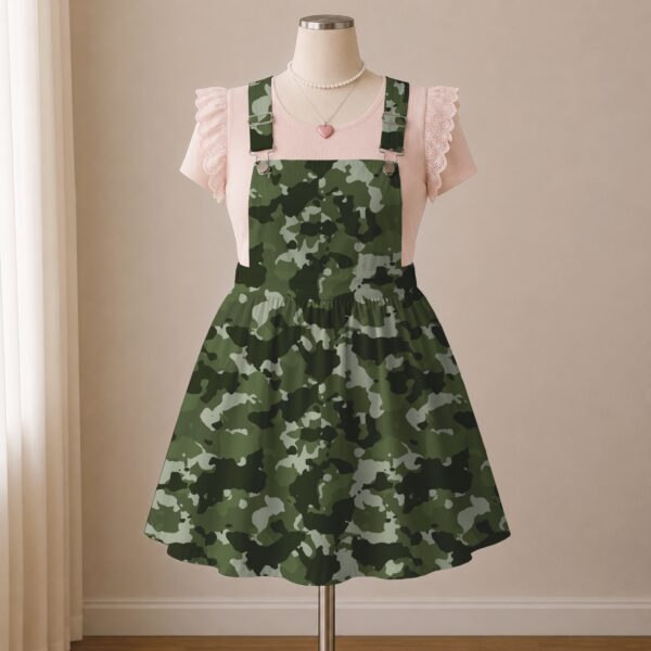 Olive green camo skirt overalls dress with adjustable straps and midi length skirt, all-over camouflage print