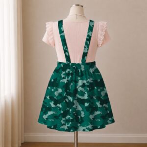 Teal green camo skirt overalls dress with adjustable straps and midi length skirt, all-over camouflage print
