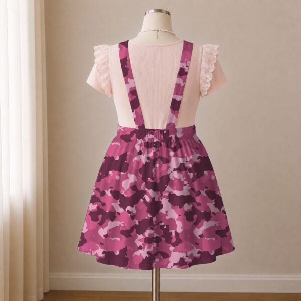 Pink magenta camo skirt overalls dress with adjustable straps and midi length skirt, all-over camouflage print