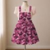 Pink magenta camo skirt overalls dress with adjustable straps and midi length skirt, all-over camouflage print