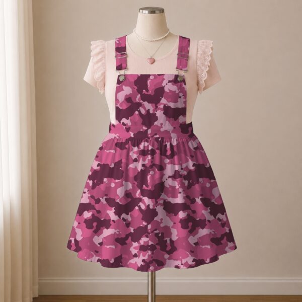 Pink magenta camo skirt overalls dress with adjustable straps and midi length skirt, all-over camouflage print
