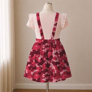 Red crimson camo skirt overalls dress with adjustable straps and midi length skirt, all-over camouflage print