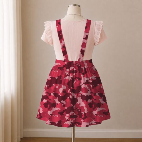 Red crimson camo skirt overalls dress with adjustable straps and midi length skirt, all-over camouflage print